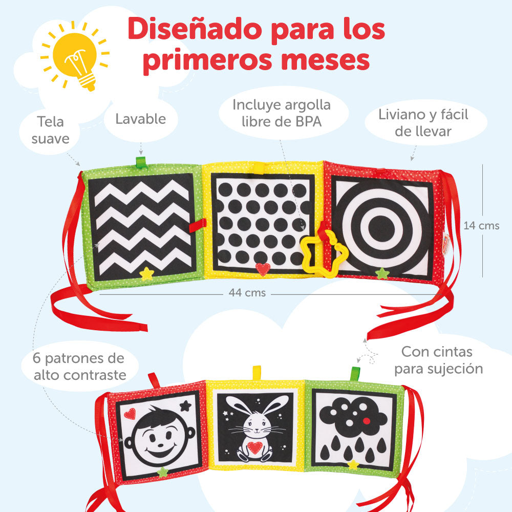 Libro de tela blanco y negro para bebé - Tríptico
